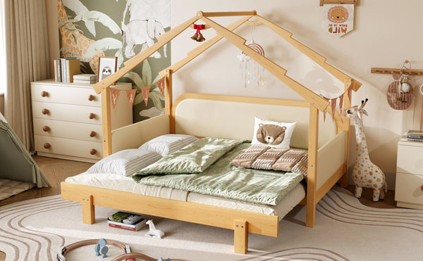 English Elm Twin Pine Treehouse Floor Bed with Padded Rails and Cabin Roofline for Kids White W1580S00383