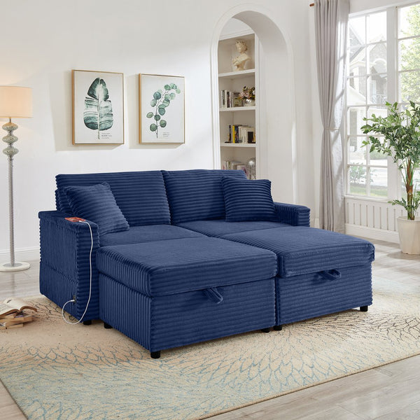 English Elm Comfortable Plush Corduroy Sofa with Hidden Storage Ottoman, USB Charging and Lift-Up Tabletop Blue W3705S00009