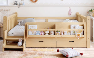 English Elm Twin Kids Platform Bed with Trundle Staircase Bookshelf and Rounded Safety Rails Light Natural W1580S00541