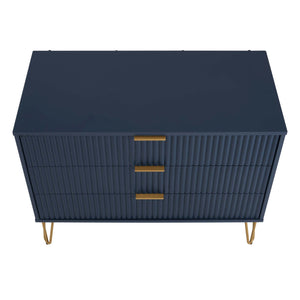 English Elm Dumbo 35" Fluted 3-Drawer Dresser with Gold Metal Legs, Glam Handles, Easy Snap Assembly Dark Blue B365P398119