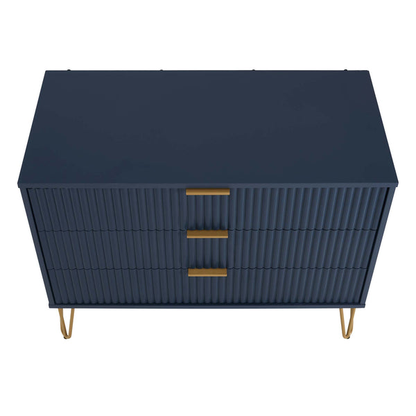 English Elm Dumbo 35" Fluted 3-Drawer Dresser with Gold Metal Legs, Glam Handles, Easy Snap Assembly Dark Blue B365P398119