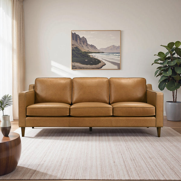English Elm Ashcroft Furniture - Cooper Tan Leather Mid Century Sofa — Top-Grain Leather, Kid & Pet Friendly, Solid Wood Legs, 81" B183P301068