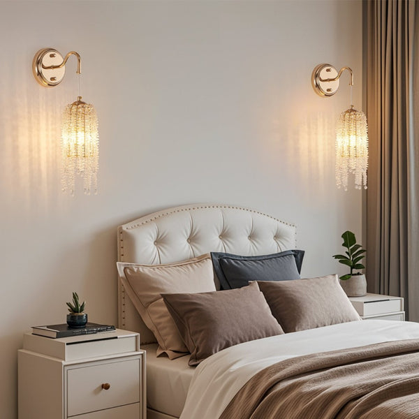 English Elm Set Of 2 Gold Frame Crystal Bead Wall Sconces – Elegant Hanging Light Fixture For Any Room Decor W2312P368715-GIGA