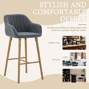 English Elm Modern Linen Upholstered Barstools with Oak Legs Armrests and Footrest for Kitchen Islands Gray W395P396316