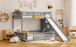 English Elm Twin Over Full Bunk Bed Solid Pine Frame with Built-in Slide and Storage Staircase Grey W504S00289