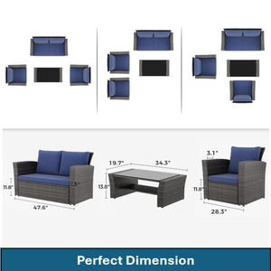 English Elm 4-piece Outdoor Wicker Conversation Set with Tempered Glass Table and Resort Style Blue+Brown B082S00057