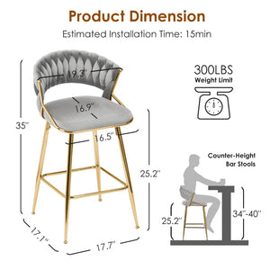 English Elm Counter Height Stools Set of 2 Mid-century Metal Legs Ergonomic Kitchen Island Seating Gray T3623P430869