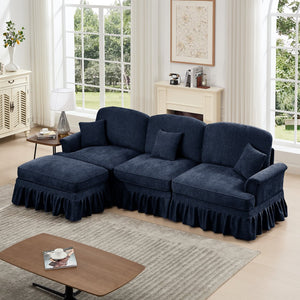 English Elm Mid Century three-seater modular L-shaped sectional sofa with removable ruffle skirts, chenille comfort and spindle legs — versatile, elegant seating solution Blue W3041S00256