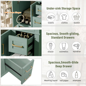 English Elm 30" Freestanding Bathroom Vanity Ceramic Sink Soft Close Cabinet Gray Wood Frame Light Green N729P427118F