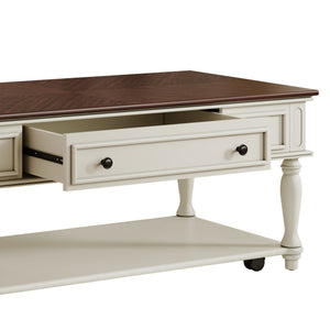 English Elm Farmhouse Retro Coffee Table with Lockable Wheels, One Drawer & Lower Shelf, Solid Wood Legs, Durable Finish White+Walnut N721P307935D