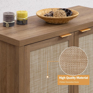 English Elm Sideboard Oak Buffet Cabinet with Rattan Fronts, 2 Adjustable Shelves, Solid Wood Legs, Farmhouse Chic W295P253810