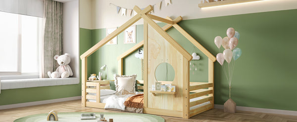 English Elm Twin House Bed Low Profile Pine Wood Frame with Shelf Montessori Kids Floor Sleeping Natural W5305P429643