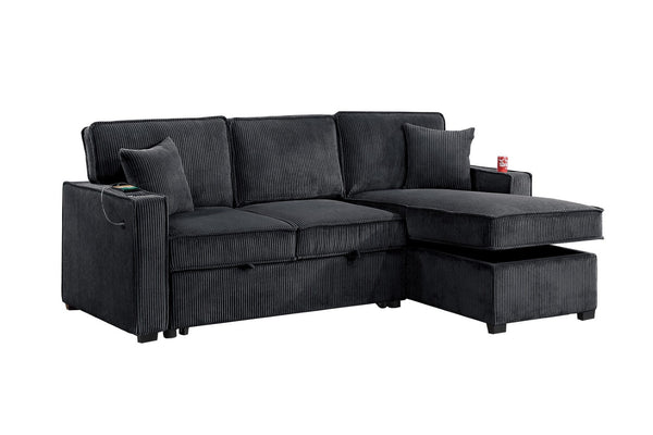 English Elm Contemporary Black Corduroy Sectional with Usb Charging Storage Chaise Sleeper Sofa B011S02176