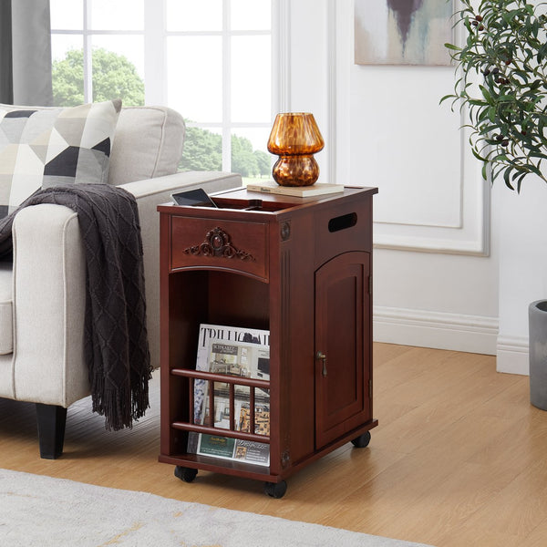 English Elm Powered Narrow End Table with Charging Station, Walnut Bedside Table with Wheels, USB Ports, Storage W1693P227261