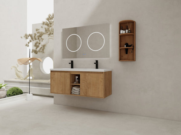 English Elm 48" Wall-Mounted Bathroom Vanity With Double Sink, Soft-Close Doors & Storage Rack For Modern Homes W999S00346