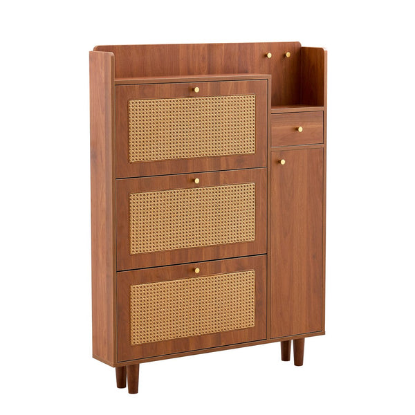 English Elm The modern minimalist MDF shoe cabinet with walnut finish, metal legs, multi-drawer storage, 49.2" L elegant organizer W3226P278926