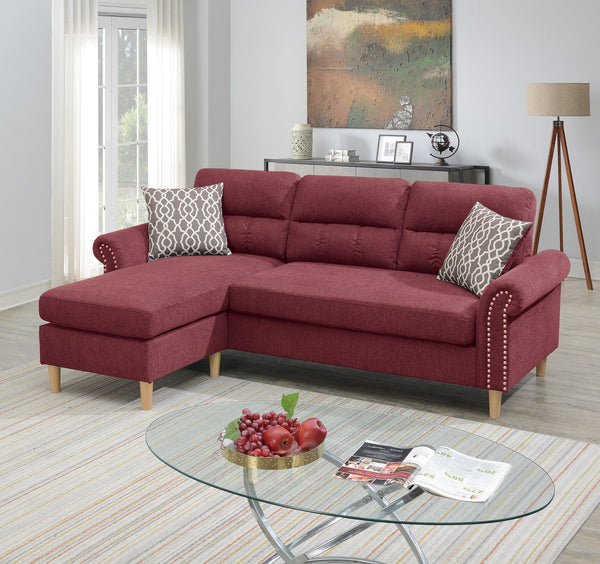 English Elm Reversible Tufted Velvet Sectional Sofa with Reversible Chaise, Nailhead Trim and Accent Pillows Red 34 L x 88 W x 23 H B089P389531