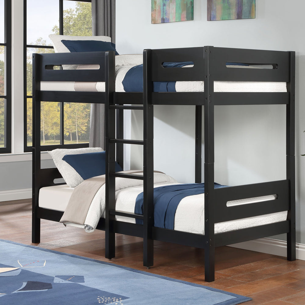 English Elm Black Twin/Twin Bunk Bed with Ladder — 14+14 Slat Support, Easy Knock-Down Assembly, Durable Black Finish B062S00576