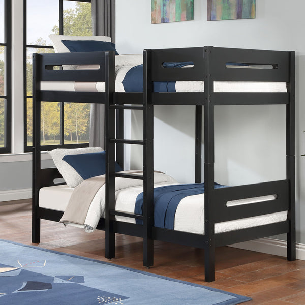 English Elm Black Twin/Twin Bunk Bed with Ladder — 14+14 Slat Support, Easy Knock-Down Assembly, Durable Black Finish B062S00576