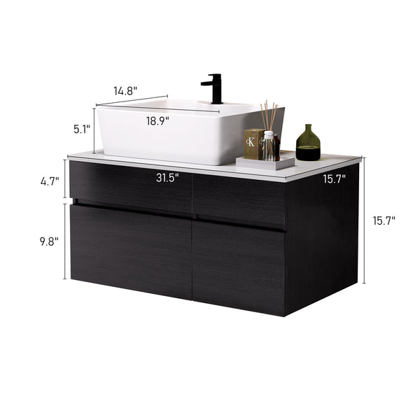 English Elm 31.5 Modern Floating Bathroom Vanity with Vessel Sink, Walnut Finish, Drawer Storage & Bracket Included White+Black W3136S00004