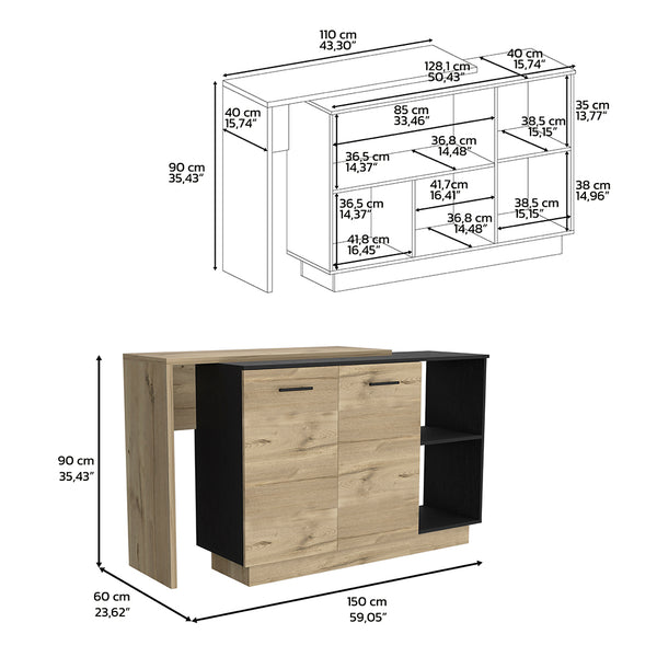 English Elm Kitchen Island With Double Door Cabinets, Stylish Black & Light Oak, Perfect For Dining & Storage B097S00155