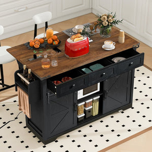 English Elm K&k Farmhouse Rolling Kitchen Island with Drop Leaf Power Outlets and Storage Cabinet Black N707S170347B