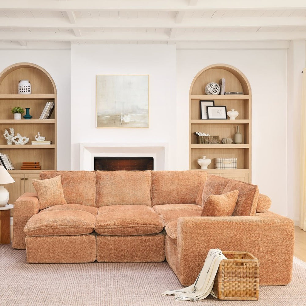 English Elm 107'' Boucle Modular Sectional with Reversible Chaise and Two Ottomans for Living Room Orange W1413S00169