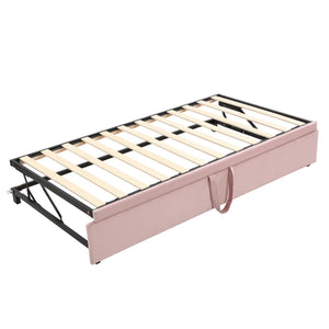 English Elm Twin Upholstered Daybed with Pop-Up Trundle, Space-Saving Guest Bed with Slats, Hydraulic Wheels, 81.9" L Pink SF000133AAH