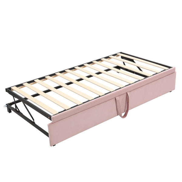 English Elm Twin Upholstered Daybed with Pop-Up Trundle, Space-Saving Guest Bed with Slats, Hydraulic Wheels, 81.9" L Pink SF000133AAH