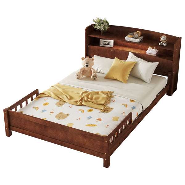 English Elm Full Pine Wood Bed with Bookcase Headboard, LED Motion Sensor, Guardrails & Ample Walnut Storage W504P281004
