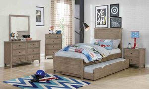 English Elm Transitional Twin Bed with Trundle Warm Gray Wood Grain Paneled Headboard Guest Room B2741S00851