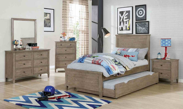 English Elm Transitional Twin Bed with Trundle Warm Gray Wood Grain Paneled Headboard Guest Room B2741S00851