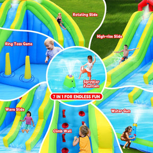 English Elm 7 in 1 Inflatable Backyard Water Park with Triple Slides Climbing Wall and Sprinkler W1677P247457