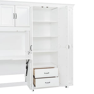 English Elm Twin Murphy Wall Bed with Integrated Desk Wardrobe and Storage Cabinet in White LP000767AAK
