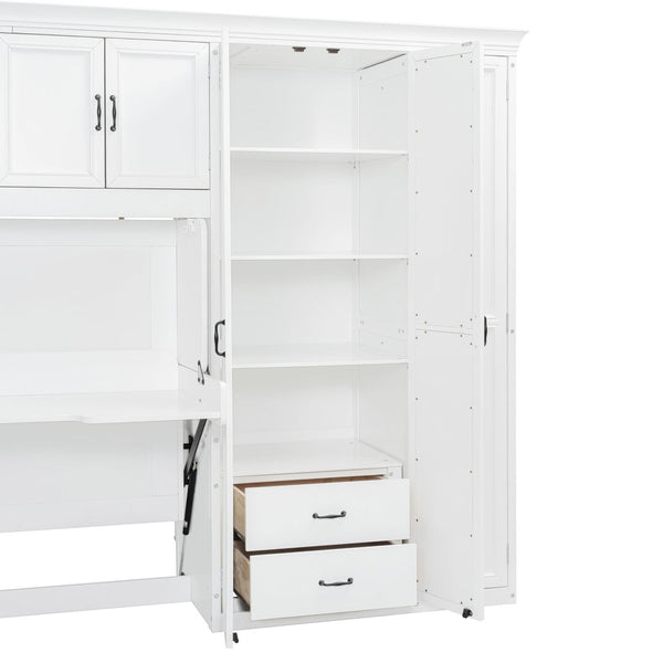 English Elm Twin Murphy Wall Bed with Integrated Desk Wardrobe and Storage Cabinet in White LP000767AAK