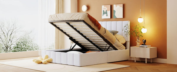 English Elm Full Size Linen Upholstered Platform Bed with Hydraulic Lift Storage and Foam Headboard N708P201551K