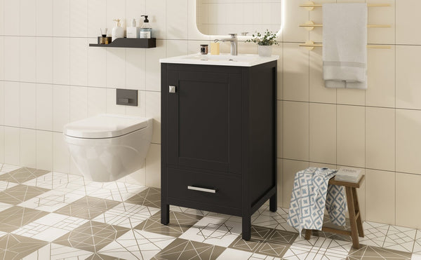 English Elm 20-Inch Compact Bathroom Vanity with Ceramic Sink, Soft-Close Storage, Divider Drawer & Easy Plumbing Access Black N729P334847B