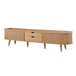 English Elm Wooden Fluted Tambour Media Console Mid Century Modern Tv Stand with Built in Charging Natural N721P428444L