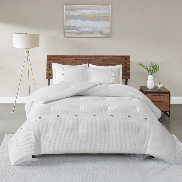 English Elm 3 Piece Cotton Waffle Weave Comforter Set Full/Queen with Decorative Wood Buttons OEKO-TEX Certified Comfort White 18.9 L x 12.6 W x 12.6 H B03597061