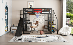English Elm Full Full Size Metal Loft Bed with Built-In Desk, Slide, Basketball Hoop and Open Wardrobe Storage Black GX001524AAB