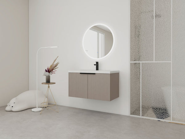 English Elm 36" Floating Bathroom Vanity with Resin Sink, Wavy Doors, Dual Soft-Close Cabinets, Plywood Durable Finish W999P293173