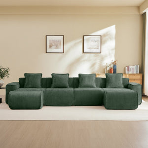 English Elm Streamlined Modular U-shape Sectional Velvet Sofa with Cloud Comfort and Movable Ottomans Green W3041S00370