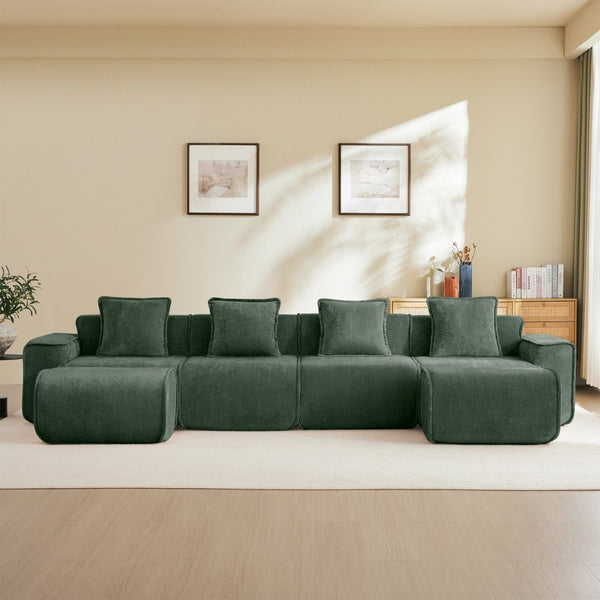 English Elm Streamlined Modular U-shape Sectional Velvet Sofa with Cloud Comfort and Movable Ottomans Green W3041S00370