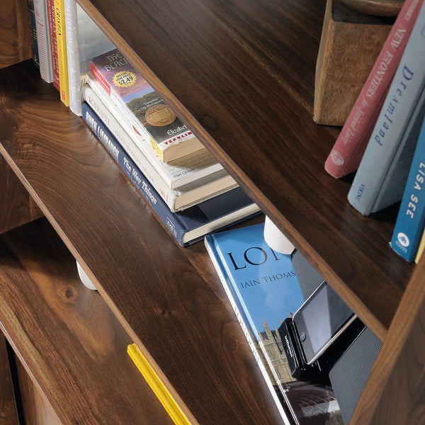 English Elm Wide Bookcase Brown Finish — 72" Engineered Wood Storage with Sliding Doors, 2 Fixed + 1 Adjustable Shelf, Durable Design B356P402663