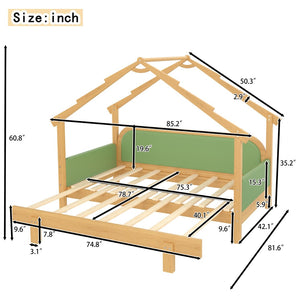 English Elm Twin Pine Treehouse Floor Bed with Padded Rails and Cabin Roofline for Kids Green W1580S00384