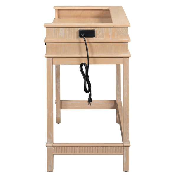 English Elm TREXM Retro 4-Piece Space-Saving Bar Table Set with 3 Stools, USB Power Strip, Storage Drawers Natural ST000145AAD