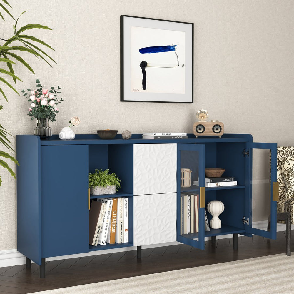 English Elm Modern Kitchen Pantry Storage Cabinet with Glass Doors, 55" Spacious Buffet for Coffee Bar, TV Stand Blue W409P171575