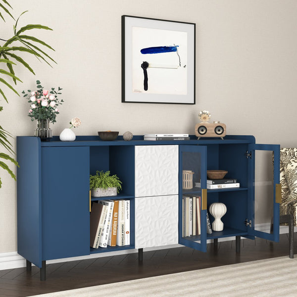 English Elm Modern Kitchen Pantry Storage Cabinet with Glass Doors, 55" Spacious Buffet for Coffee Bar, TV Stand Blue W409P171575