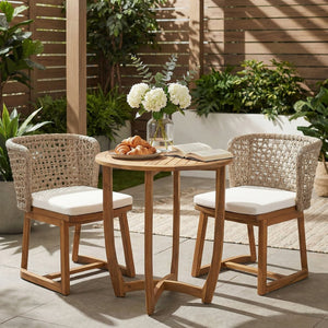 English Elm 3-piece Acacia Wood Bistro Set Wicker Back Chairs Teak Finish Patio Dining N773OD00139B