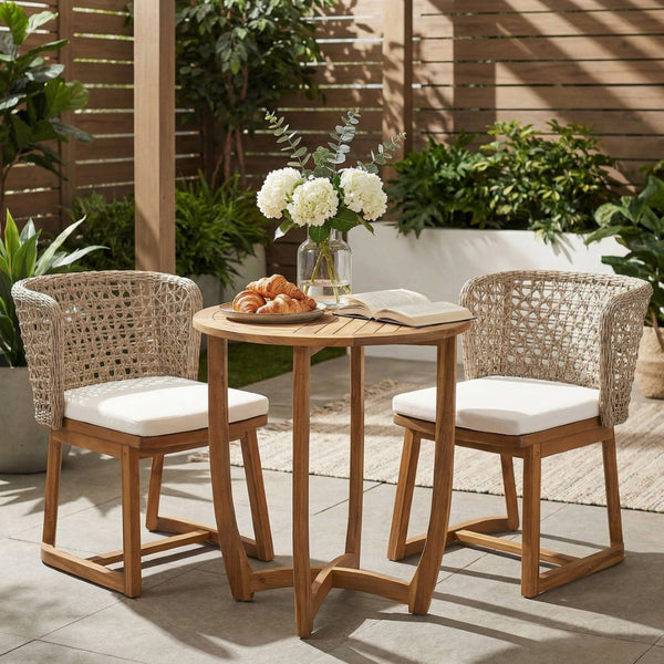 English Elm 3-piece Acacia Wood Bistro Set Wicker Back Chairs Teak Finish Patio Dining N773OD00139B